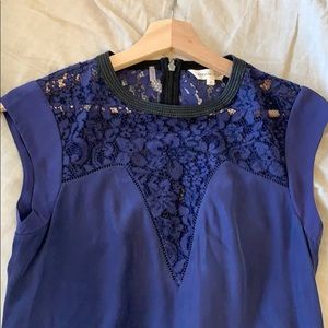 LIKE NEW Rebecca Taylor Silk Lace Inset Blouse with Faux Leather Trim Purple